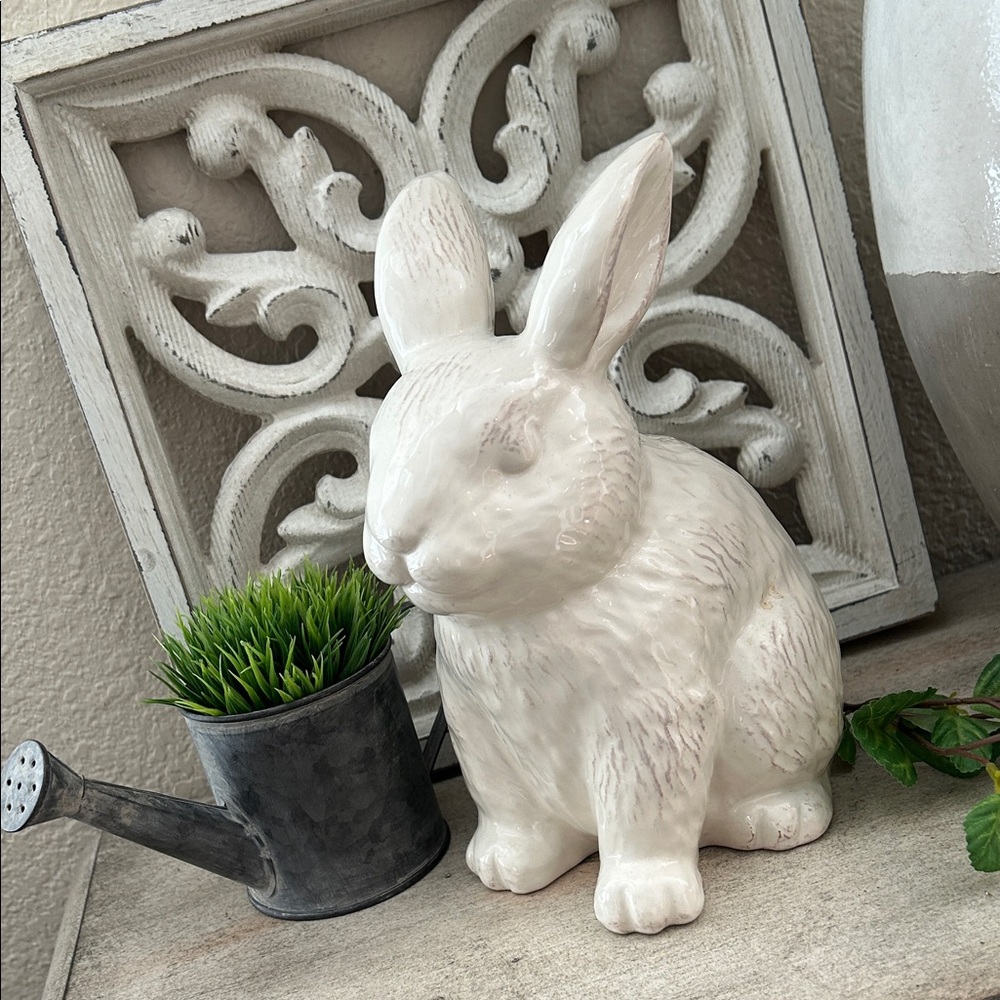 Farmhouse Shabby Chic Cottage Easter Creamy White Ceramic Bunny Figurine decor